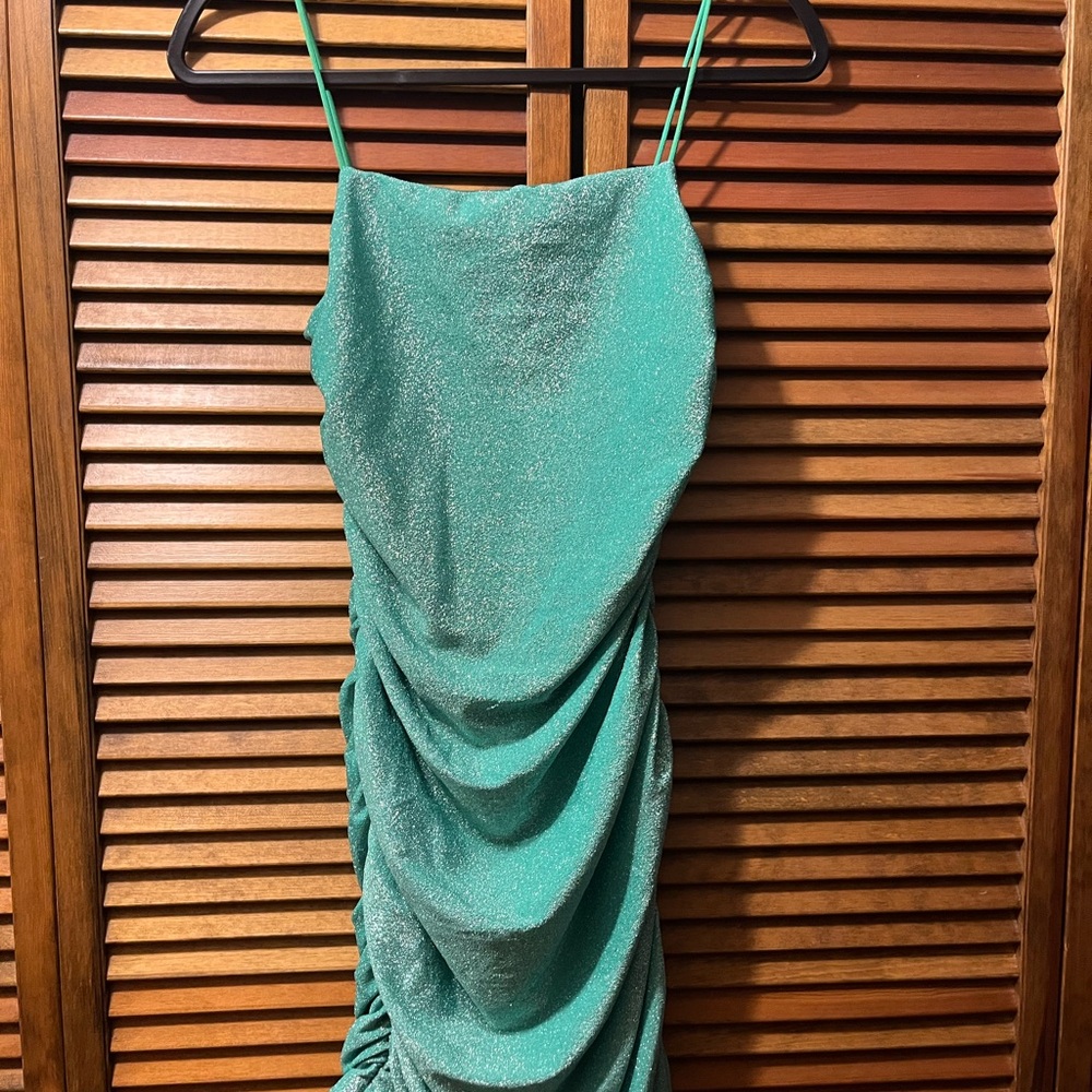 Green Asymmetrical Ruched Spaghetti Strap Cocktail Dress